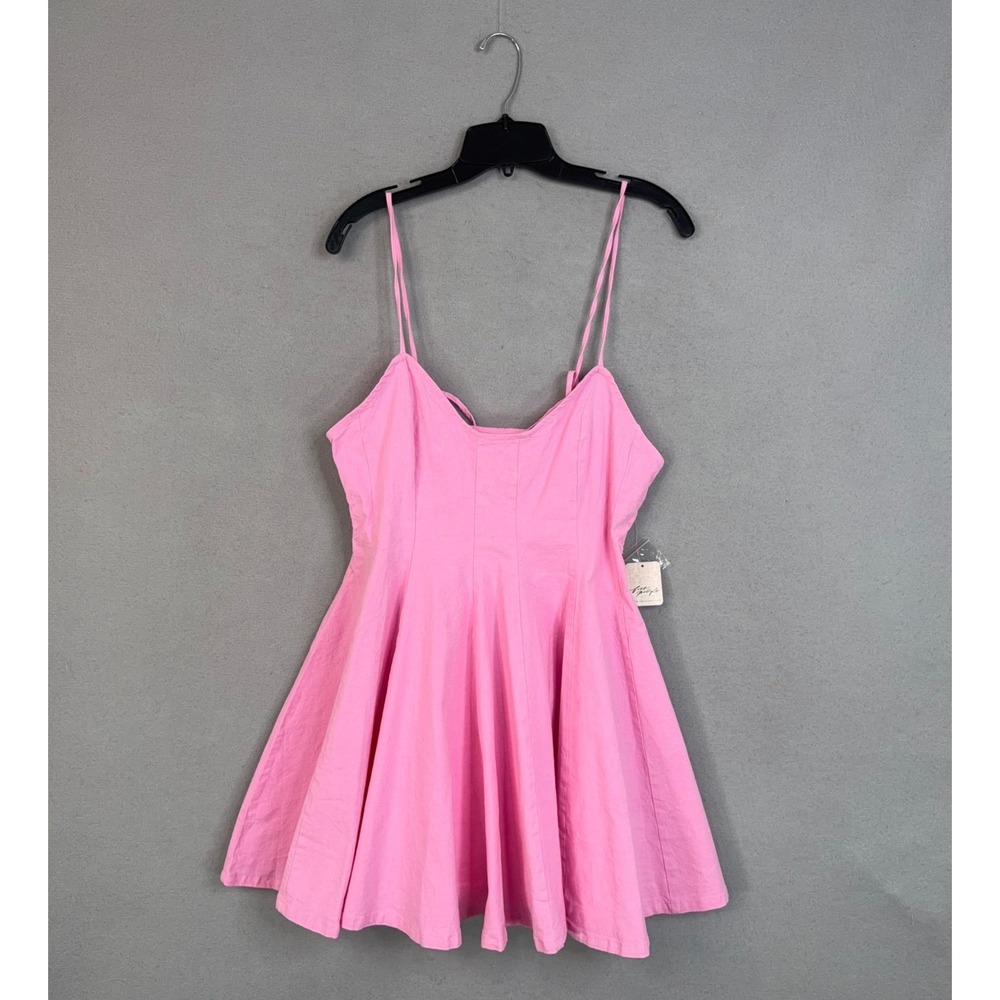 Free People Dress Womens Large Pink Taffy Linen Fit & Flare Tan Lines Mini Boho